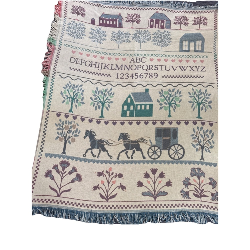 Crown Crafts Throw Blanket Amish Buggy Alphabet Sampler Cottage Core 64x54"